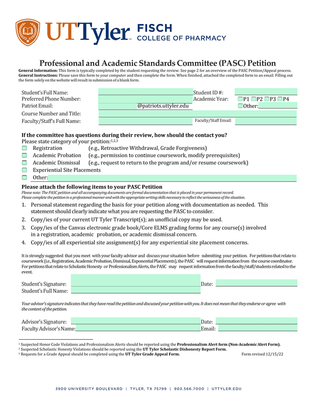 Professional And Academic Standards Committee (PASC) Petition screenshot