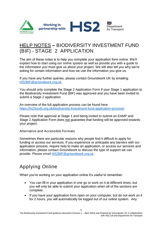 Biodiversity Investment Fund (BIF)   Stage 2 Application Help Notes screenshot