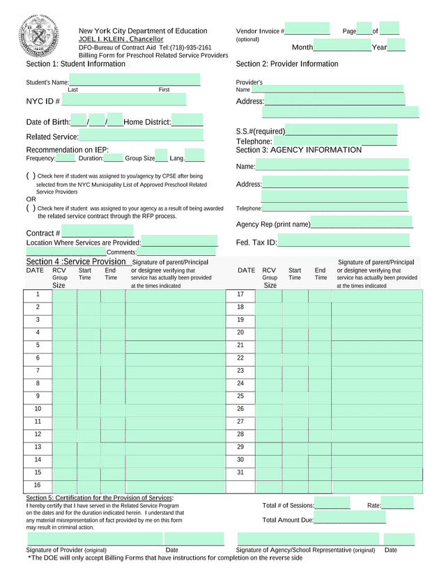 Billing Form For Preschool Related Service Providers screenshot