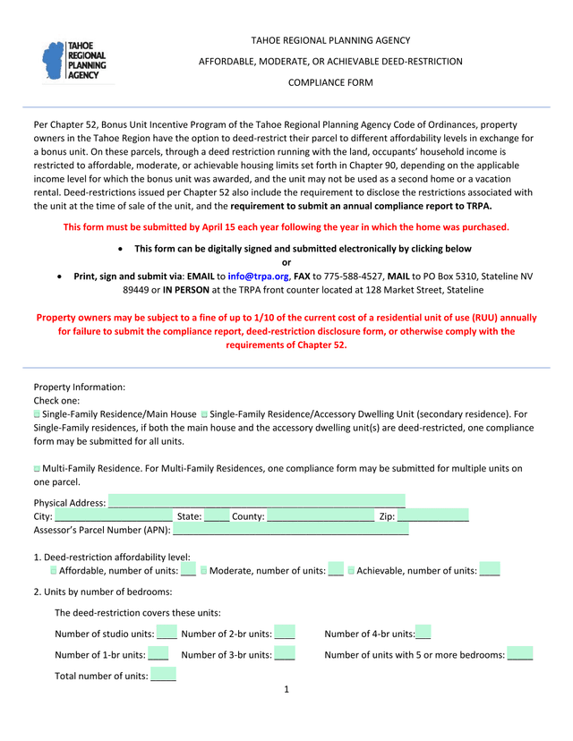 TAHOE REGIONAL PLANNING AGENCY AFFORDABLE, MODERATE, OR ACHIEVABLE DEED RESTRICTION COMPLIANCE FORM screenshot