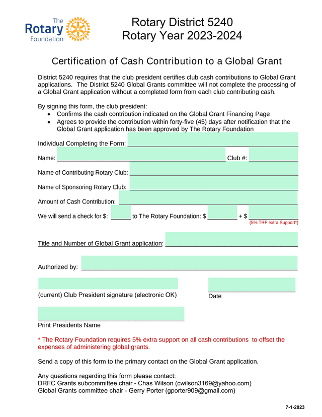 Certification Of Cash Contribution To A Global Grant screenshot