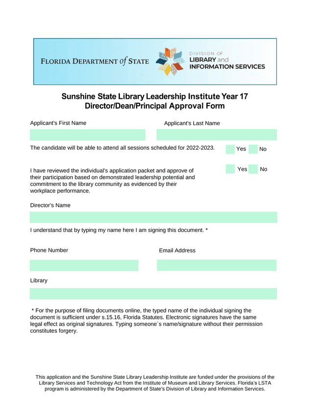 Sunshine State Library Leadership Institute Year 17 DirectorDeanPrincipal Approval Form screenshot