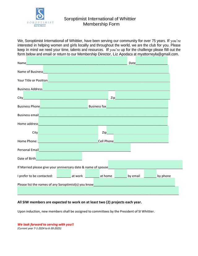 Soroptimist International Of Whittier Membership Form screenshot
