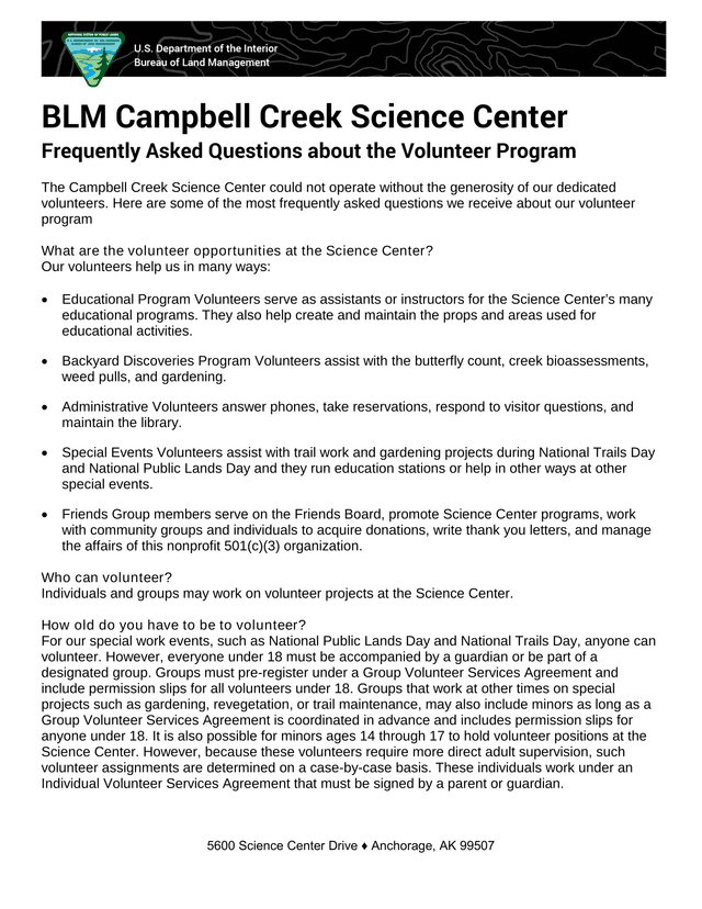 BLM Campbell Creek Science Center Frequently Asked Questions About The Volunteer Program screenshot