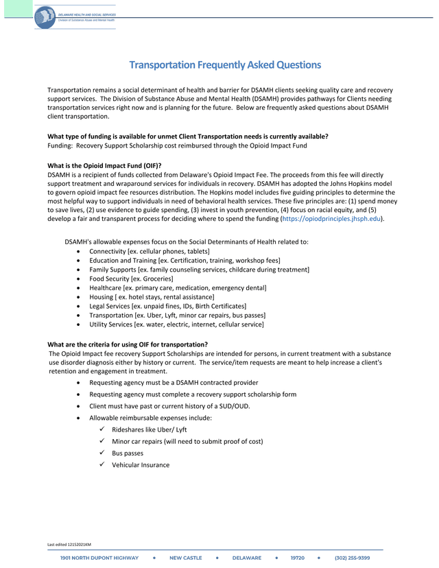 Transportation Frequently Asked Questions screenshot