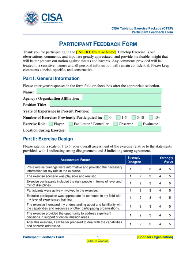 CISA Tabletop Exercise Package (CTEP) Participant Feedback Form screenshot
