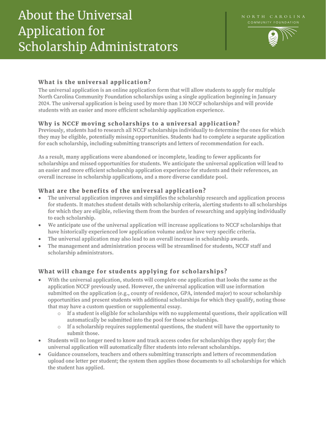North Carolina Community Foundation Universal Scholarship Application screenshot