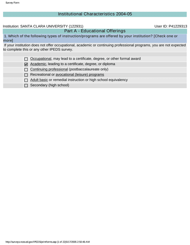 Survey Form   Institutional Characteristics 2004 05 screenshot