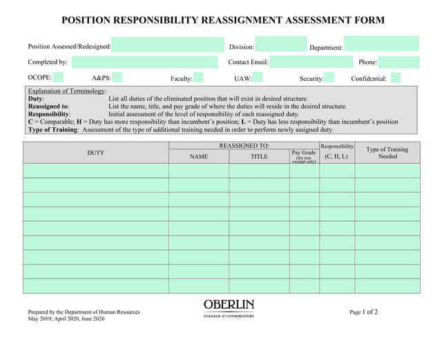 Position Responsibility Reassignment Assessment Form screenshot