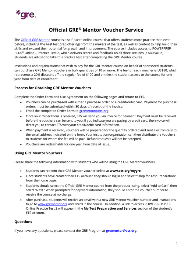 Official GRE Mentor Voucher Service screenshot