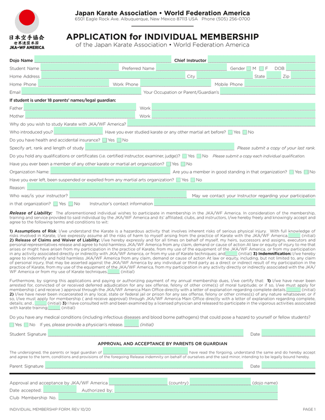 JKAWF America Membership Application screenshot