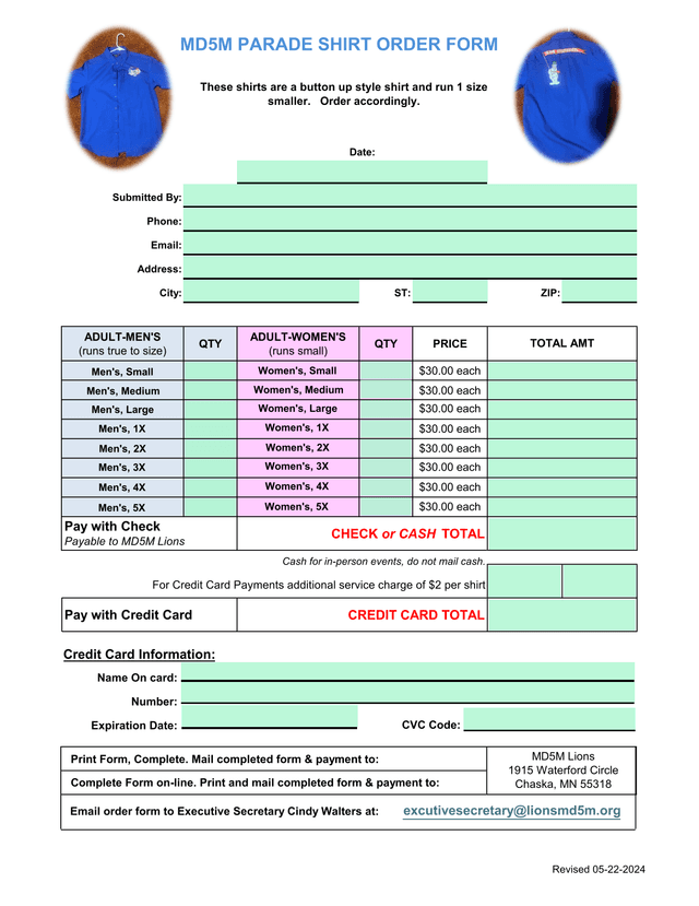 MD5M PARADE SHIRT ORDER FORM screenshot