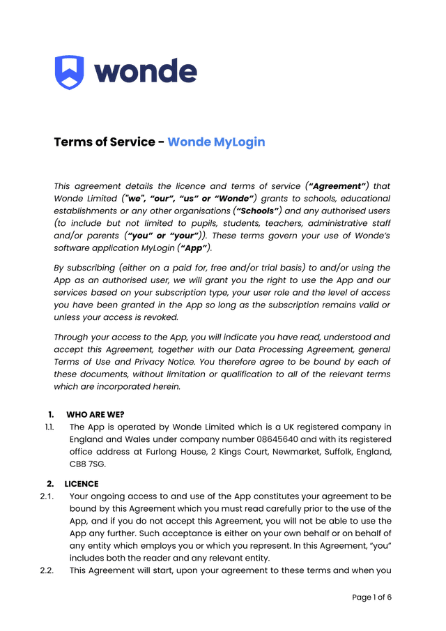 Terms Of Service   Wonde MyLogin screenshot