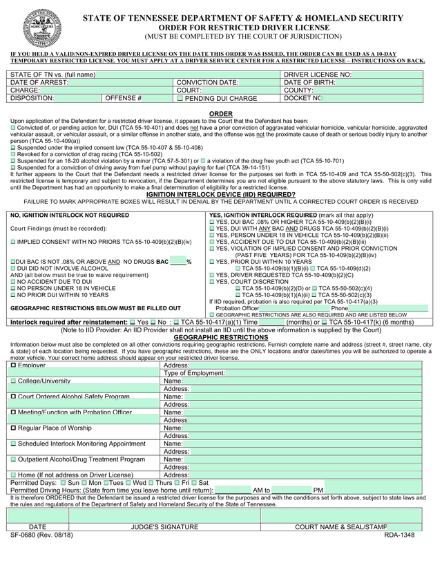 Restricted Driver License Order screenshot