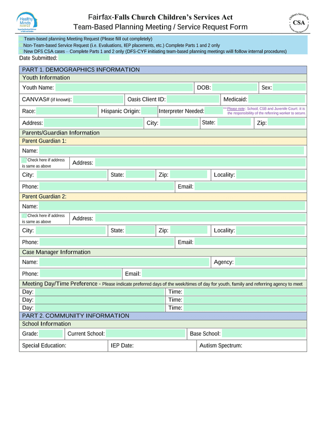 Fairfax Falls Church ChildrenS Services Act Team Based Planning Meeting  Service Request Form screenshot