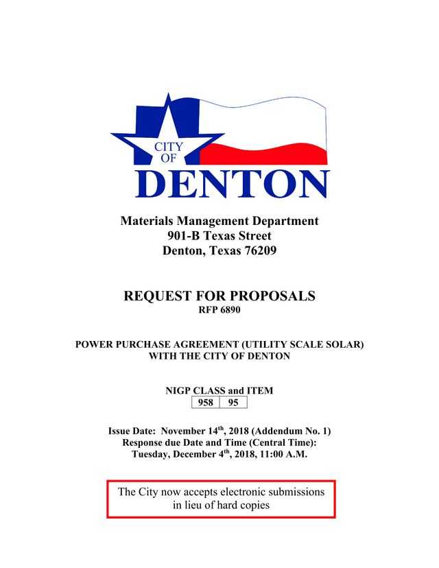 REQUEST FOR PROPOSALS RFP 6890 POWER PURCHASE AGREEMENT (UTILITY SCALE SOLAR) WITH THE CITY OF DENTO screenshot