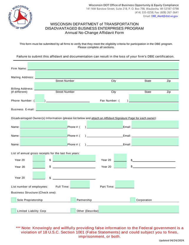 Annual No Change Affidavit Form screenshot