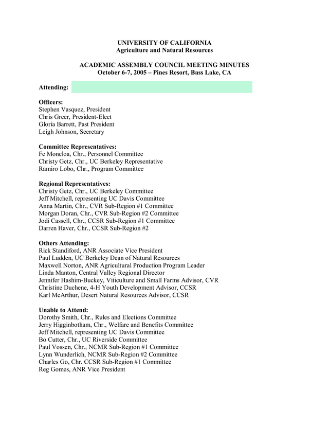 Academic Assembly Council Meeting Minutes screenshot