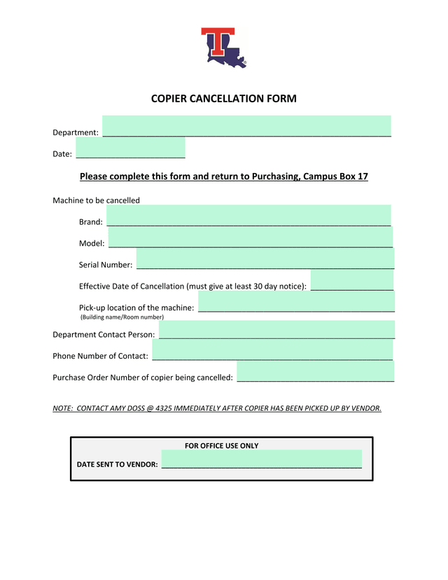 COPIER CANCELLATION FORM screenshot