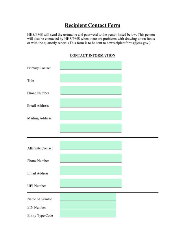 Recipient Contact Form screenshot