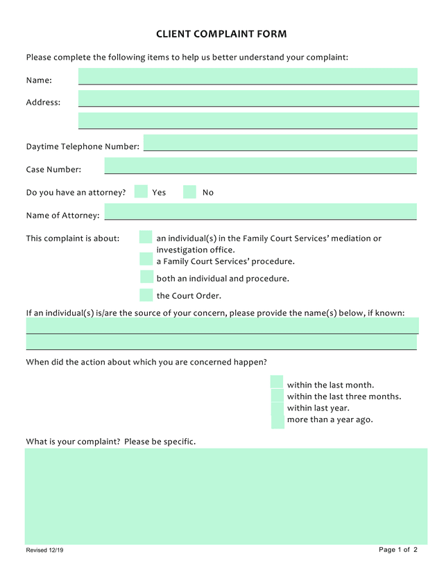 CLIENT COMPLAINT FORM screenshot
