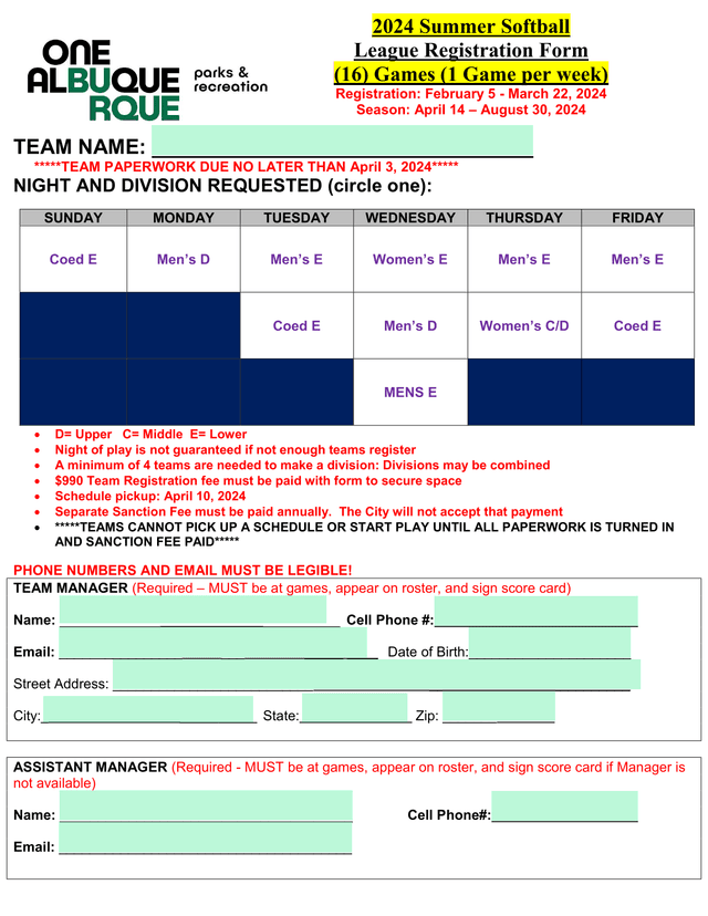 2024 Summer Softball League Registration Form screenshot