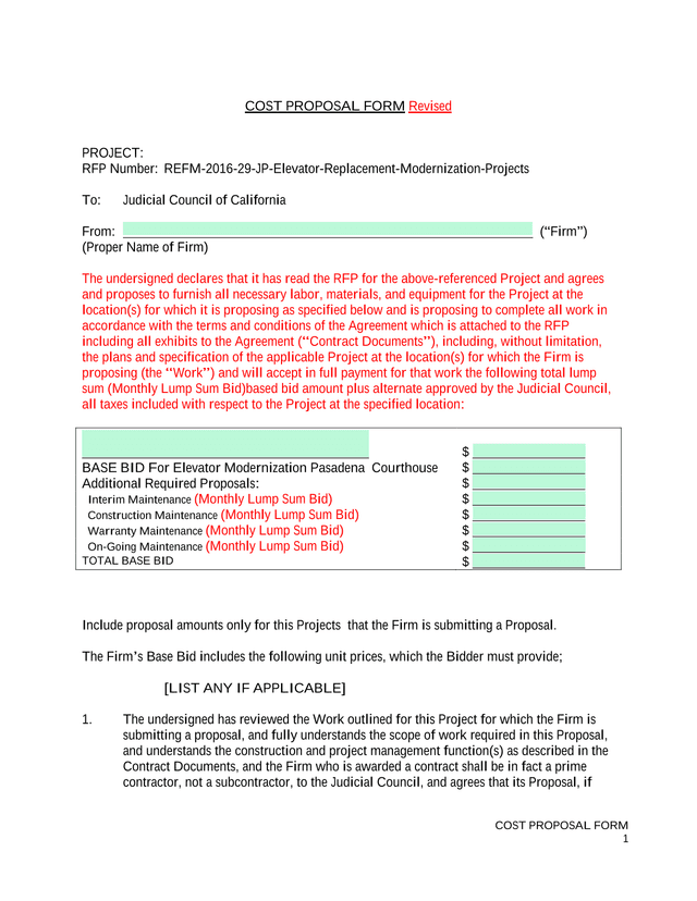 COST PROPOSAL FORM screenshot