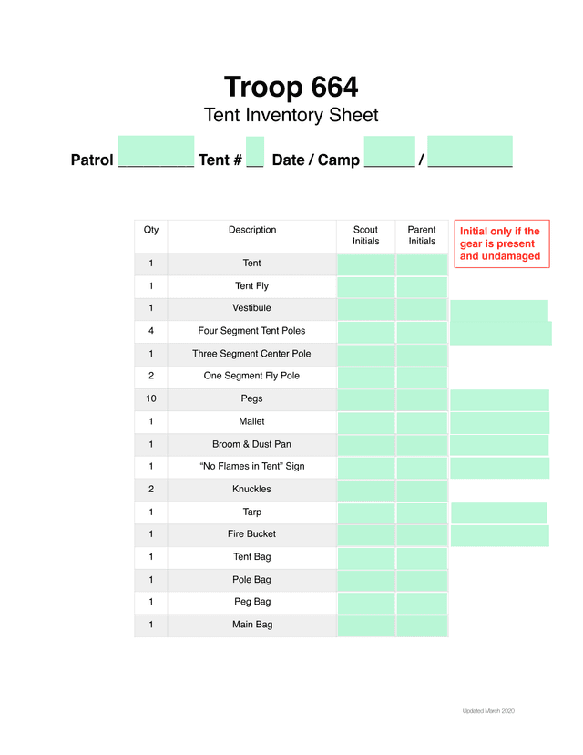Troop 664 Tent Inventory Sheet screenshot