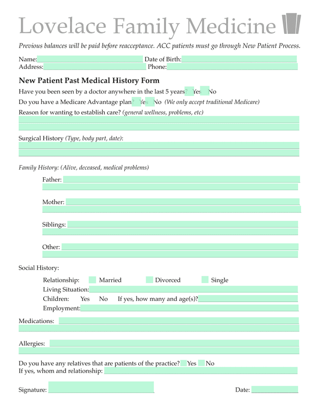 New Patient Past Medical History Form screenshot