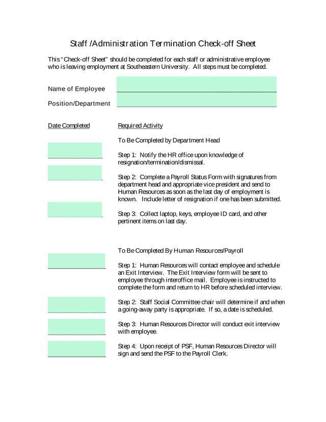 Staff Administration Termination Check Off Sheet screenshot