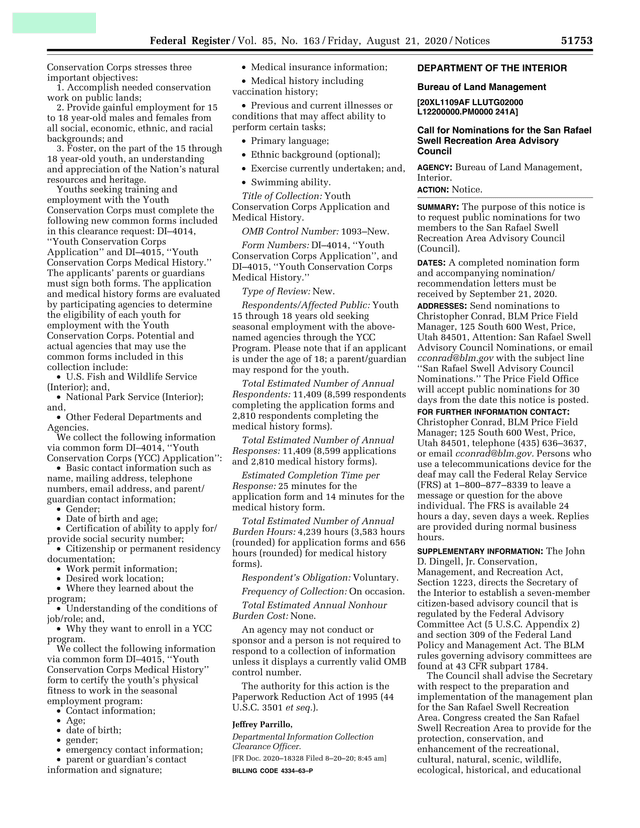 Youth Conservation Corps Application And Medical History Forms screenshot