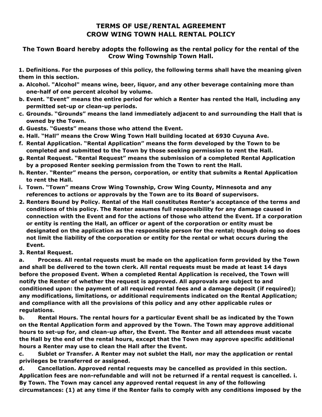 Crow Wing Town Hall Rental Policy screenshot