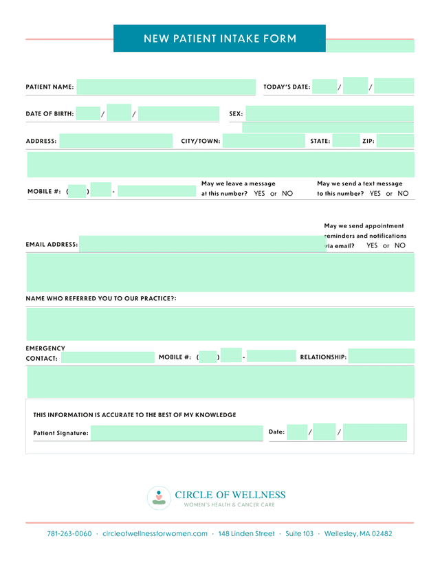 NEW PATIENT INTAKE FORM screenshot