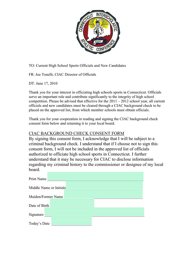 CIAC Background Check Consent Form screenshot