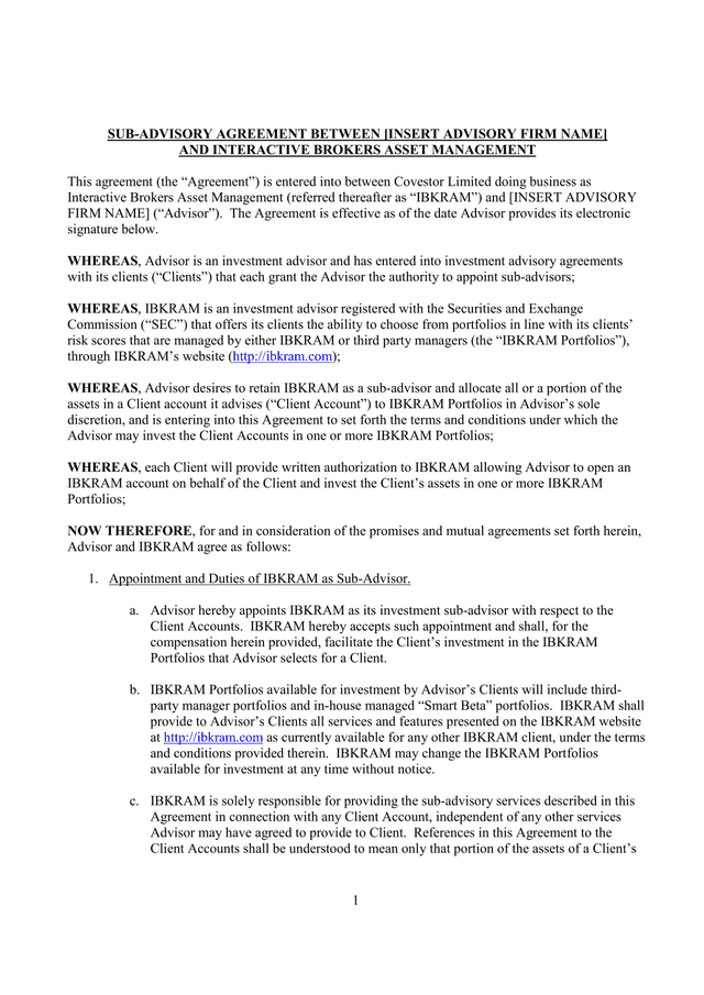 Sub Advisory Agreement Between Insert Advisory Firm Name And Interactive Brokers Asset Management screenshot