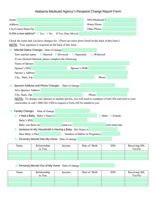 Alabama Medicaid AgencyS Recipient Change Report Form screenshot