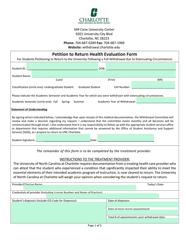 Petition To Return Health Evaluation Form screenshot