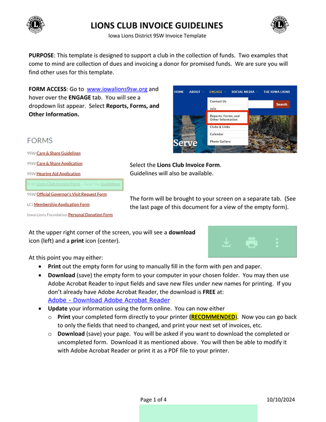 LIONS CLUB INVOICE GUIDELINES screenshot