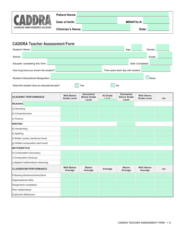 CADDRA Teacher Assessment Form screenshot