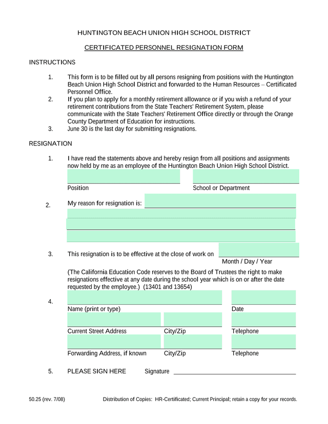 CERTIFICATED PERSONNEL RESIGNATION FORM screenshot