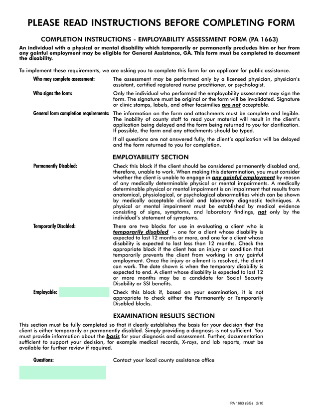 Employability Assessment Form (PA 1663) screenshot