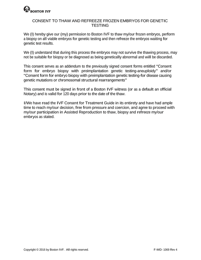 Consent To Thaw And Refreeze Frozen Embryos For Genetic Testing screenshot