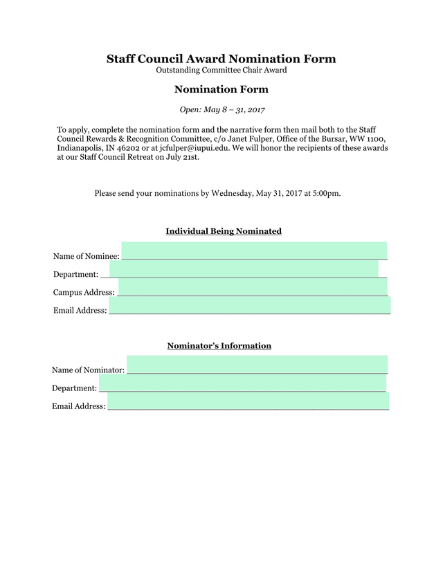 Staff Council Award Nomination Form screenshot