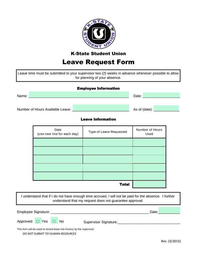 K State Student Union Leave Request Form screenshot