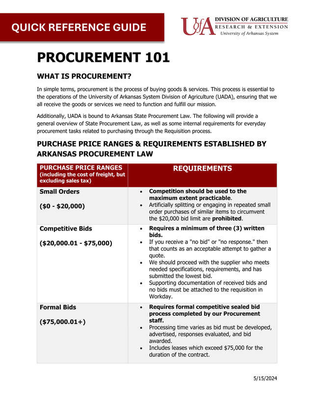Procurement 101 Quick Reference Guide screenshot