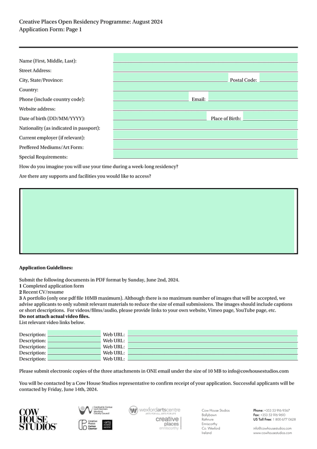 Creative Places Open Residency Programme August 2024 Application Form screenshot