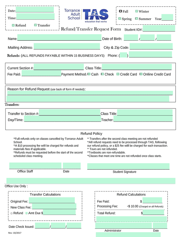 RefundTransfer Request Form screenshot