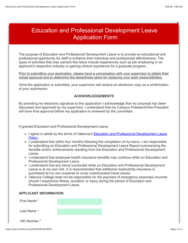 Education And Professional Development Leave Application Form screenshot
