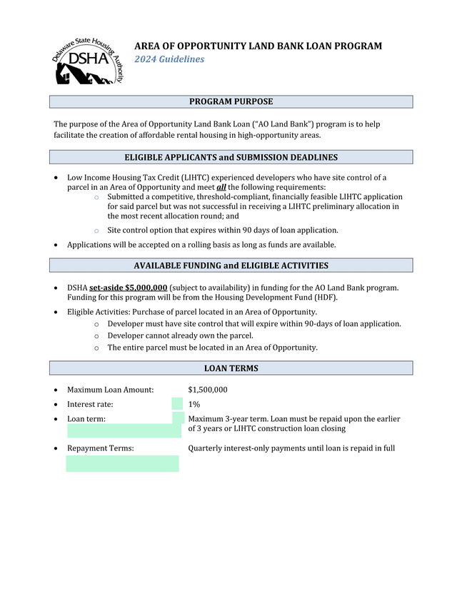Area Of Opportunity Land Bank Loan Program 2024 Guidelines screenshot