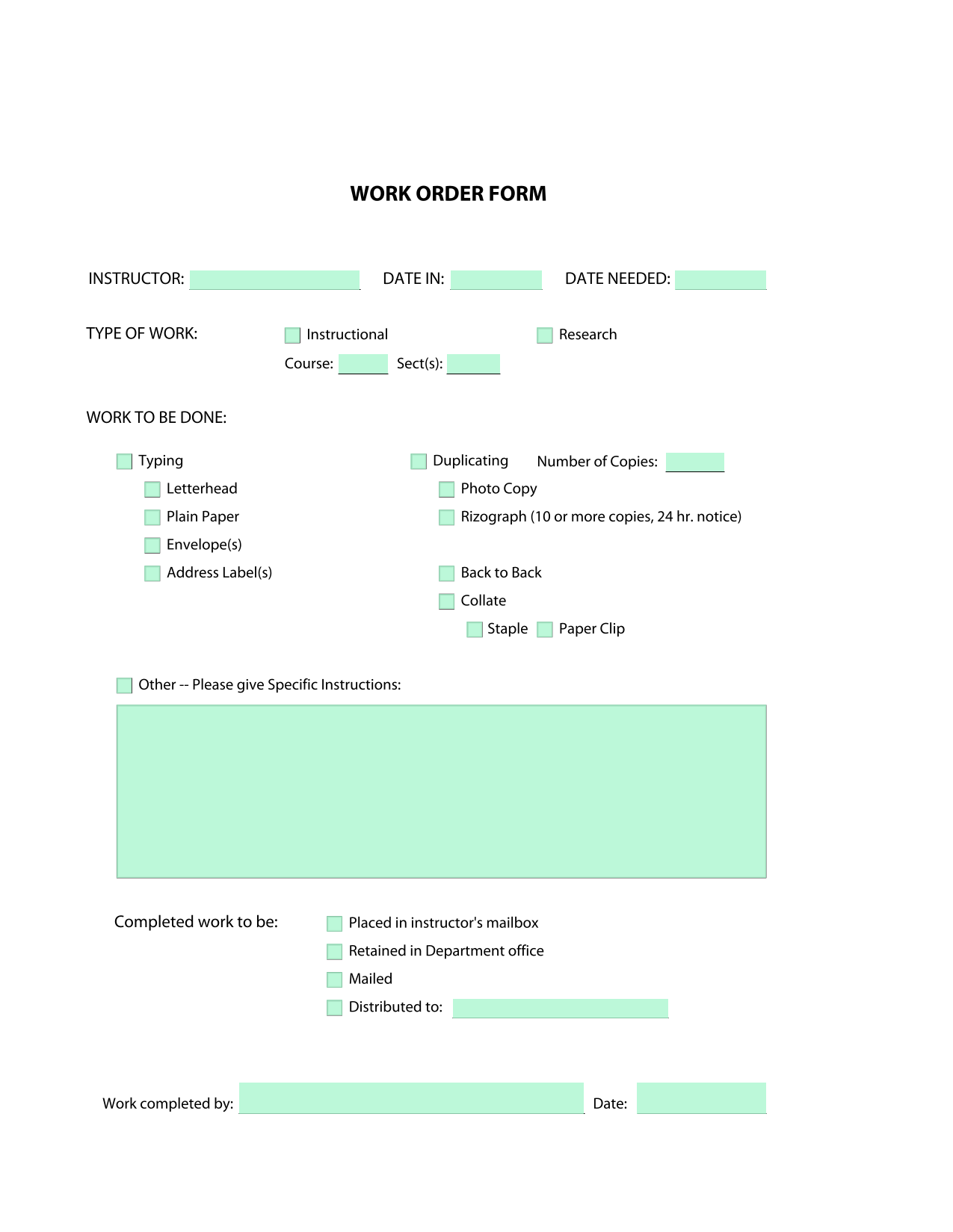 WORK ORDER FORM screenshot